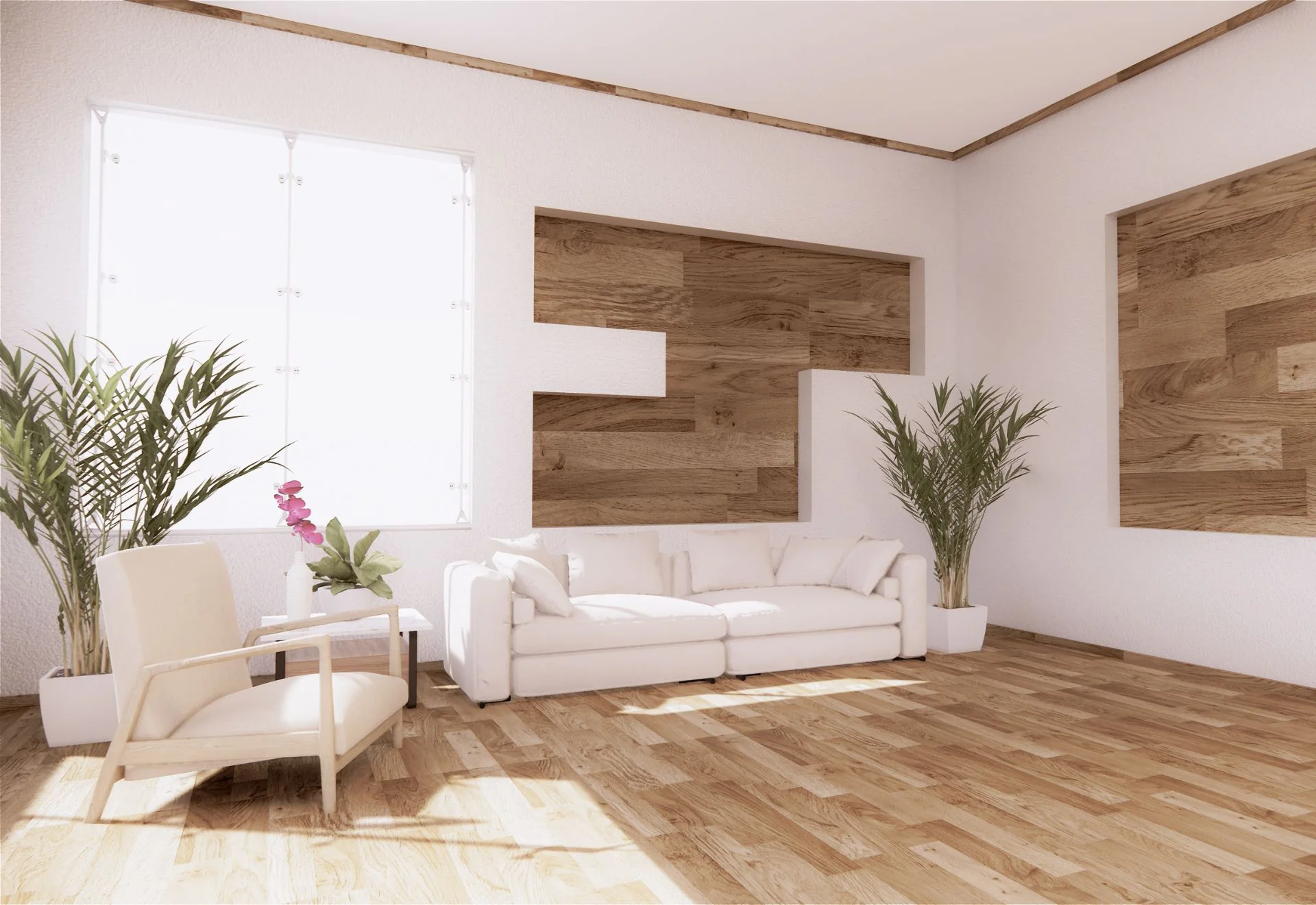 Bright living room with a warm hardwood floor installed by 16th Enterprises